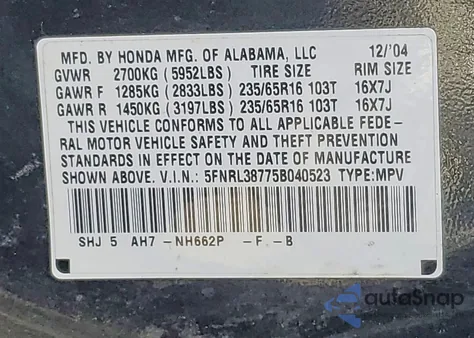 2005 Honda Odyssey Exl z USA, uszkodzony, nr VIN 5FNRL38775B040523